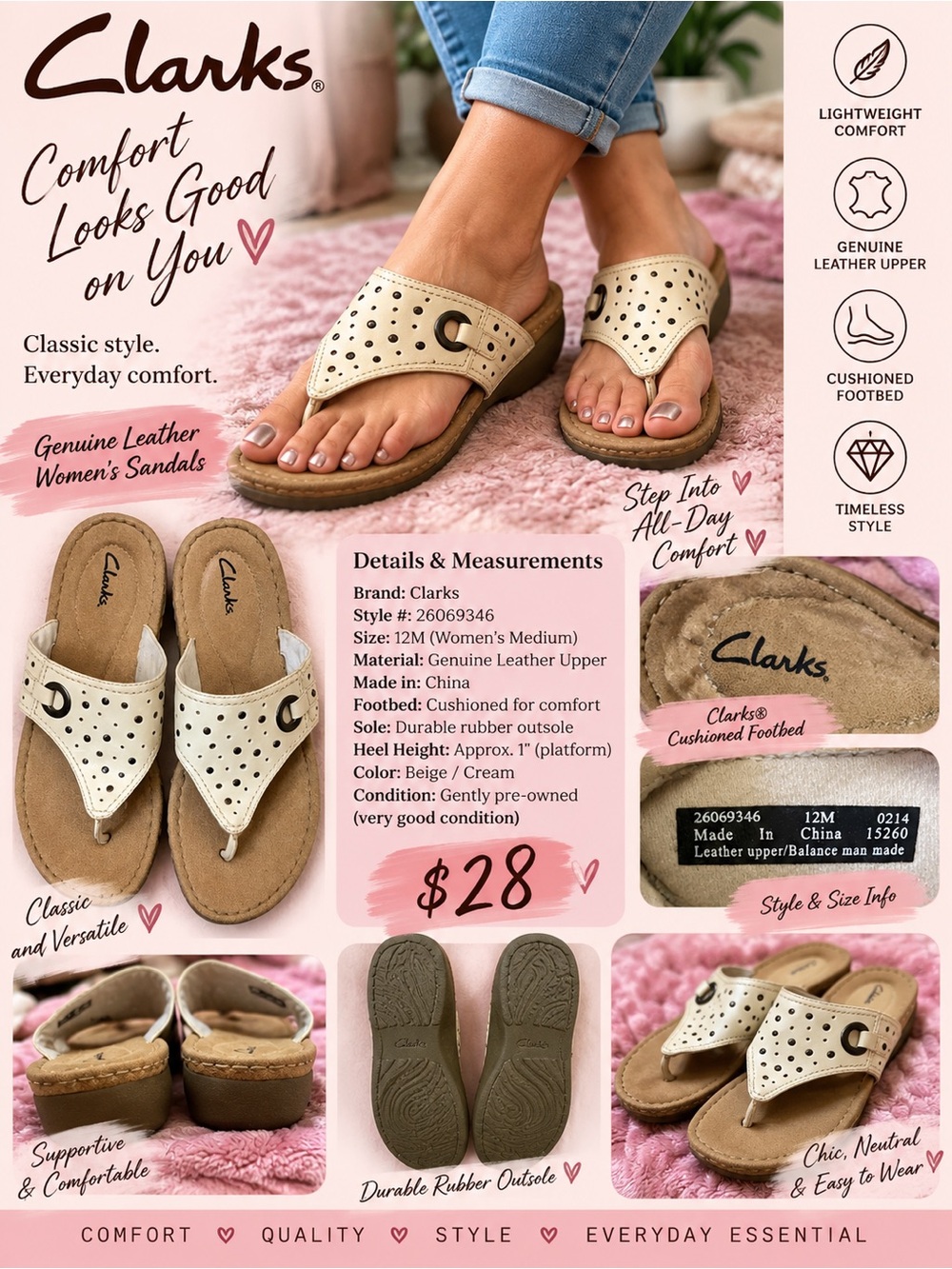 Clarks Cream Perforated Thong Sandals for women